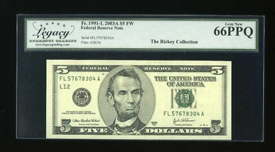 DBR 2003-A $5 FRN San Francisco Gem Fr. 1991-L Legacy 66 PPQ Serial FL57678304A - Image 1 of 2