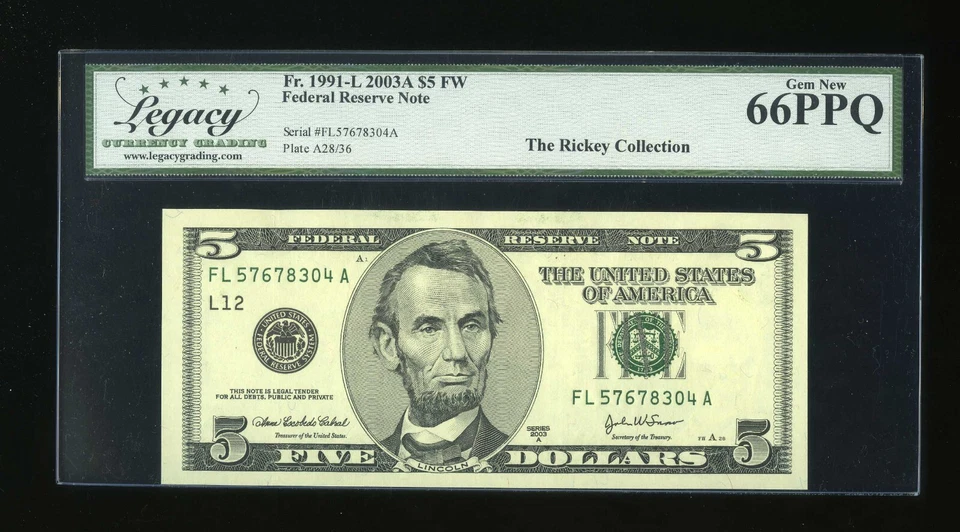 DBR 2003-A $5 FRN San Francisco Gem Fr. 1991-L Legacy 66 PPQ Serial FL57678304A - Image 1 of 2