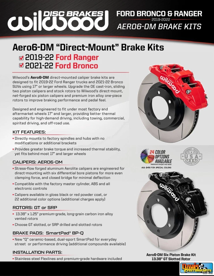 Kit de freio dianteiro Wilwood AERO6, compatível com 2019-22 Ford Ranger, 6 pistões, rotores de 13,3" - Imagem 1 de 4