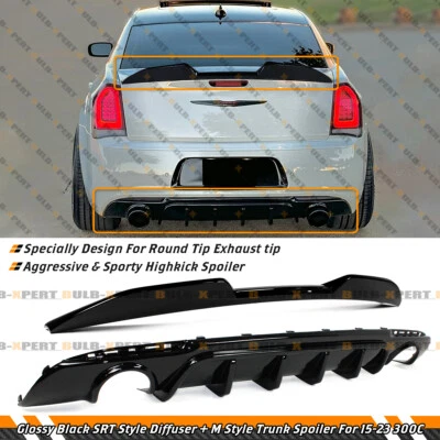 For 2015-23 Chrysler 300 Gloss Black Dual Exhaust Rear Diffuser + Trunk Spoiler - Image 1 of 4