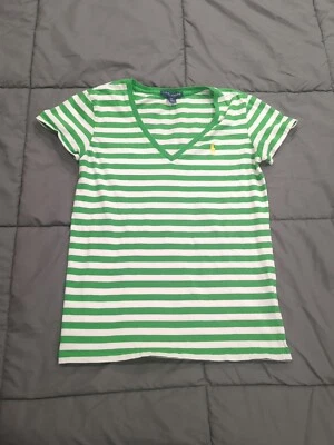 Camiseta básica Ralph Lauren cuello en V para mujer S/P rayas verdes 100 % algodón Foto 1 de 4