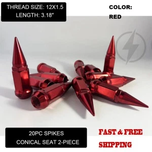 20 Red 3.18" Spike Lug Nuts M12x1.5 For Aftermarket Wheels 60° Conical Seat - Picture 1 of 7