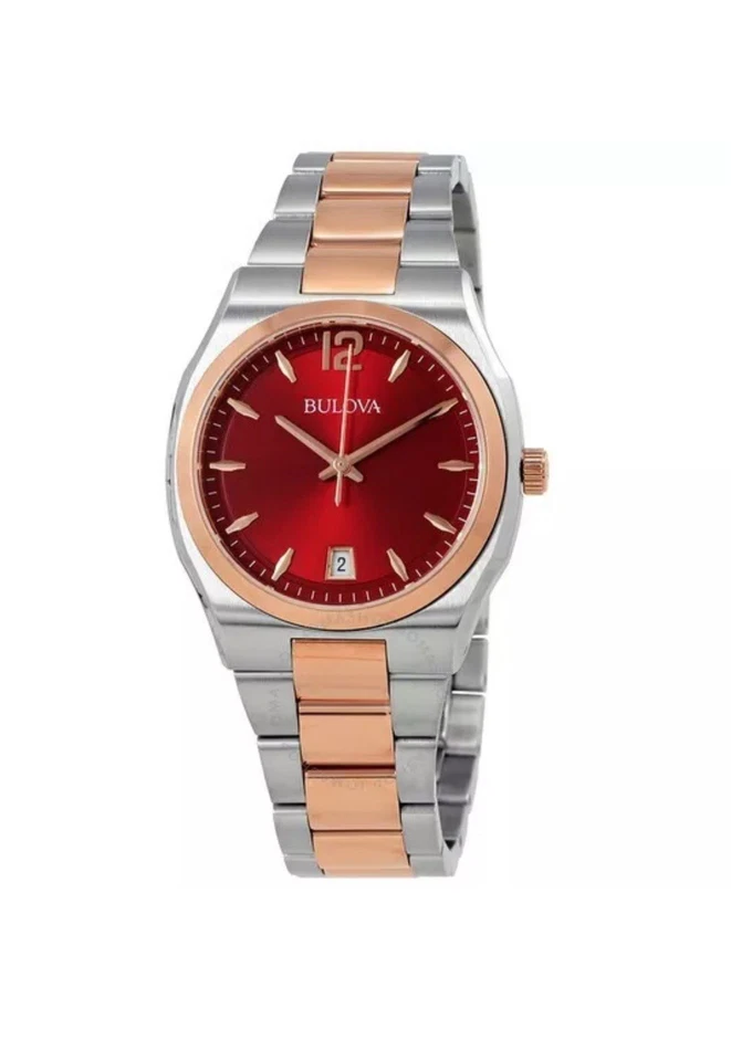 BULOVA Classic Womens Watch, Red Dial w/ Date, Two-Tone Silver & Rose Gold Band - Image 1 of 1