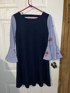 AGB Damen Marine bestickt Blumen Streifen Glockenärmel Kleid Gr. S 18” P2P - Bild 1 von 8