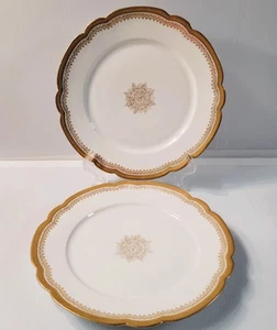 2 Biarritz SW Limoges France Scalloped Edge Plates Gold Medallion 9 3/4" - Picture 1 of 10