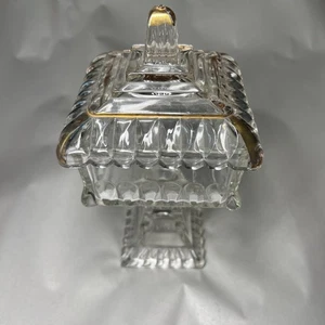Jeannette Glass Wedding Bowl Lid Square Pedestal Candy Dish Gold Trim Vintage - Picture 1 of 7
