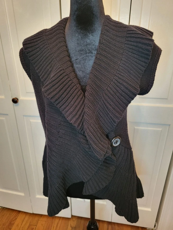 Vintage Y2K Black Shawl Collar Ruffled Sweater Vest XL Whimsygoth Fairy Boho - Image 1 of 4