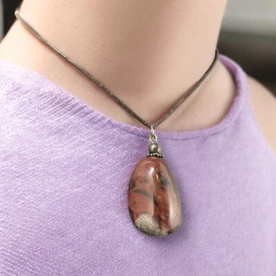 Colgante Retro Cuarzo Ágata Marrón Plata de Ley y Cuero Cordón Collar Boho Foto 1 de 4