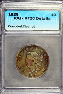 1825 - ICG VF20 DETAILS (CORRODED,CLEANED) Braided Hair Large Cent!!  #B18515 - Image 1 of 2
