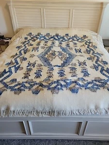 Vintage Guatemalan Wool Blue Cream Grey Blanket W/Quetzal Birds And Man Design - Picture 1 of 6