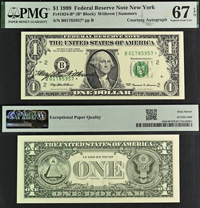 1999 $1 FRN New York PMG 67EPQ Top Pop Finest - Treasurer Withrow Autograph Star - Picture 1 of 4