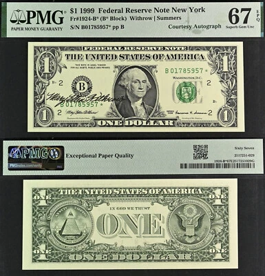 1999 $1 FRN New York PMG 67EPQ Top Pop Finest - Treasurer Withrow Autograph Star - Image 1 of 4