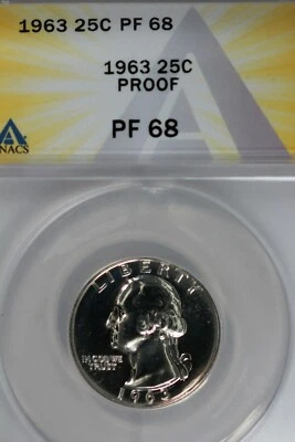 1963  .25  ANACS  PR 68   PROOF  Washington Quarter, Silver 25 Cents - Image 1 of 2