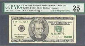 $20 1999 FRN, Fr. 2086-D Rare Engraving Error District Designator PMG VF 25 - Picture 1 of 2