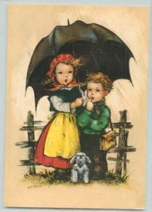 POSTCARD Hummel children, rainy day, umbrella, pet dog, Hilde - Picture 1 of 2