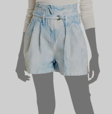 Pantalones cortos de mezclilla de algodón plisados tiro alto azul con cinturón Iro para mujer $375 talla 32 Foto 1 de 3