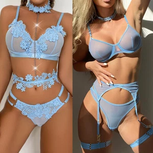 4 Piece Womens Sexy Sheer Mesh Garter Lingerie Bra and Panty Set with Choker - Picture 1 of 34