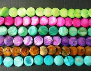UKcheapest-15''purple green orange pink multi-colour shell coin 11mm 20mm beads - Picture 1 of 25
