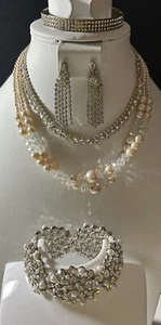 Vintage Lot 2 Rhinestone Faux Pearl Acrylic Necklaces 2 Bracelets &Earrings Clip - Picture 1 of 14