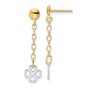 14K Solid Two Tone Gold Flower Dangle Earrings - Picture 1 of 4