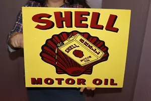 Large SHELL Motor Oil Gas Station 2 Sided 20" Porcelain Metal Flange Sign - Picture 1 of 5