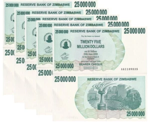 Zimbabwe 25 Million Dollars 2008 P 56 UNC LOT 5 PCS - Picture 1 of 3