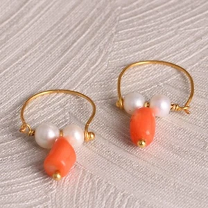 Double Stone Pearl & Coral Cultured Handmade Hoop Earring Gift for Best Friend - Picture 1 of 6