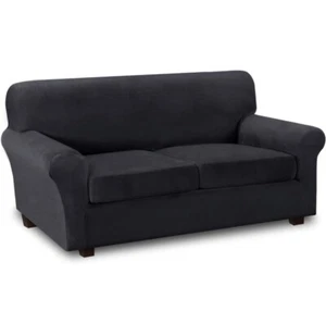 Striped Velvet 3 Piece Stretch Sofa Covers Couch 2 Cushion Loveseat Dark Grey - Picture 1 of 11