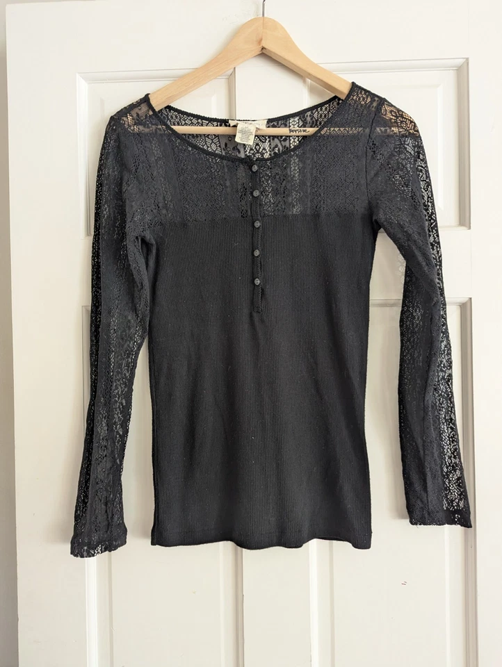 Camisa para mujer Ralph Lauren Denim&Supply negra acanalada manga encaje talla S 90’s-Y2k  Foto 1 de 4