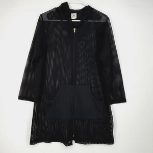 Dream Beach Womens Large Zip Front Swim Suit Beach Cover Up Black Mesh Hooded LS - Picture 1 of 8