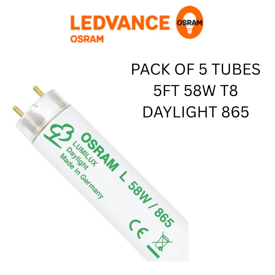 PACK X 5 OSRAM 5FT 58W T8 FLUORESCENT TUBE DAYLIGHT 6500K BRANDED QUALITY - Image 1 of 1