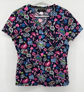 Koi Lite Women's SMALL Black Graphics BOOM POW Slash Pockets V-Neck Scrubs Top - Picture 1 of 8