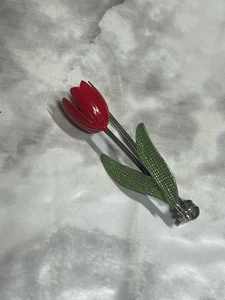 Vintage rote Emaille Sterling Silber 925 Tulpe Blume Brosche Anstecknadel - Bild 1 von 5