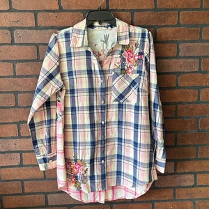 Weiche Umrandung Mixed Media Top kariert Blumen Boho S Button Down launisch Western - Bild 1 von 14