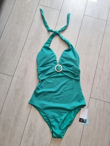 M&S Emerald Plunge Halterneck Swimsuit Swim Costume Size UK 12 Long BNWT - Picture 1 of 22