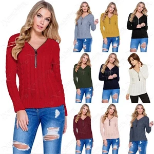 NEU DAMEN KABELSTRICK V-AUSSCHNITT REISSVERSCHLUSS VORNE PULLOVER LANGARM DAMEN WARM WINTER TOP - Bild 1 von 35