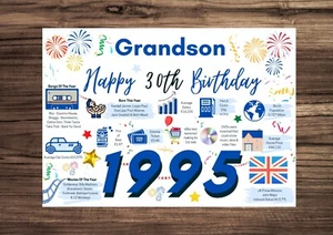 Tarjeta Feliz 30 Cumpleaños NIETO 1995 Año de Nacimiento Datos Saludos Recuerdos - Imagen 1 de 9