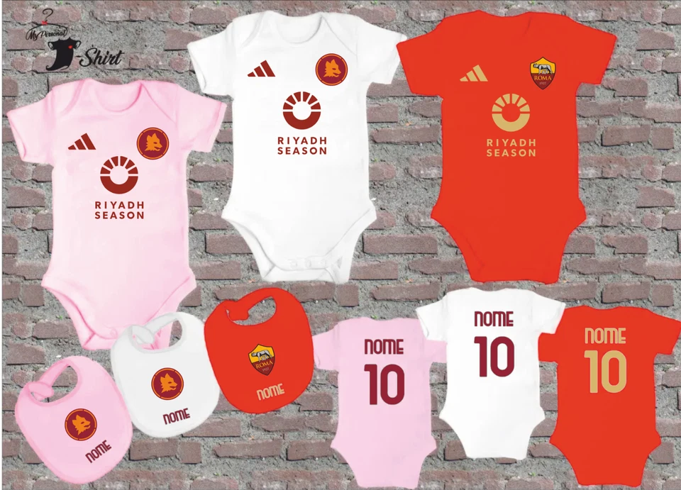 COMPLETINO BODY BAVAGLINO NEONATO AC ROMA PERSONALIZZATO CON NOME IDEA REGALO - Image 1 of 1