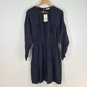 NEW Jeanswest womens dress size 10 fit flare navy blue linen long sleeve 090285 - Picture 1 of 12
