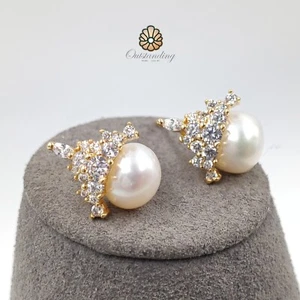 White Fresh Water Pearl Earrings Plated Gold 18k Crystal Birthday Christmas - Picture 1 of 18