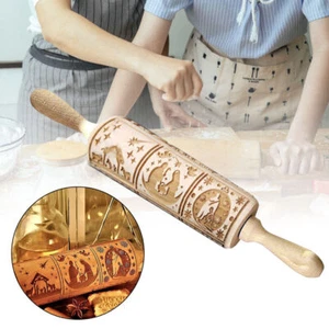 Weihnachten hölzerne Prägung Rolling Pin graviert Backen Kekse Kuchen Roller DIY - Bild 1 von 7