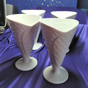Four Fun White Ceramic Sundae Dishes. Cone Shaped  with Wafer Pattern