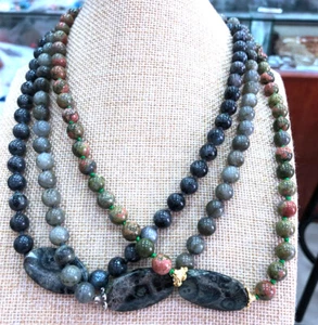 Natural Labradorite Epidote Stone Gemstone Necklace + Ocean Stone Pendant - Picture 1 of 24