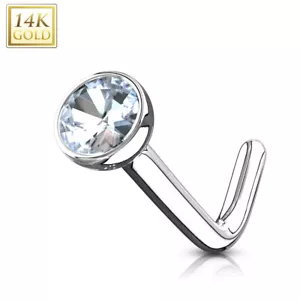 14K Solid White Gold Bezel Set CZ Ball L Bend Nose Stud Ring 20g 1/4" - Picture 1 of 2
