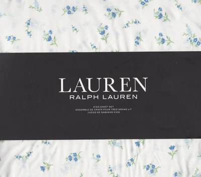 Juego de sábanas Ralph Lauren King Linda floral azul 4 piezas verde granja elegante casa de campo Foto 1 de 4