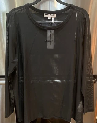 DKNY JEANS 1X bust 50"SHEER black mesh long sleeve pullover scoop neck top tunic - Image 1 of 4
