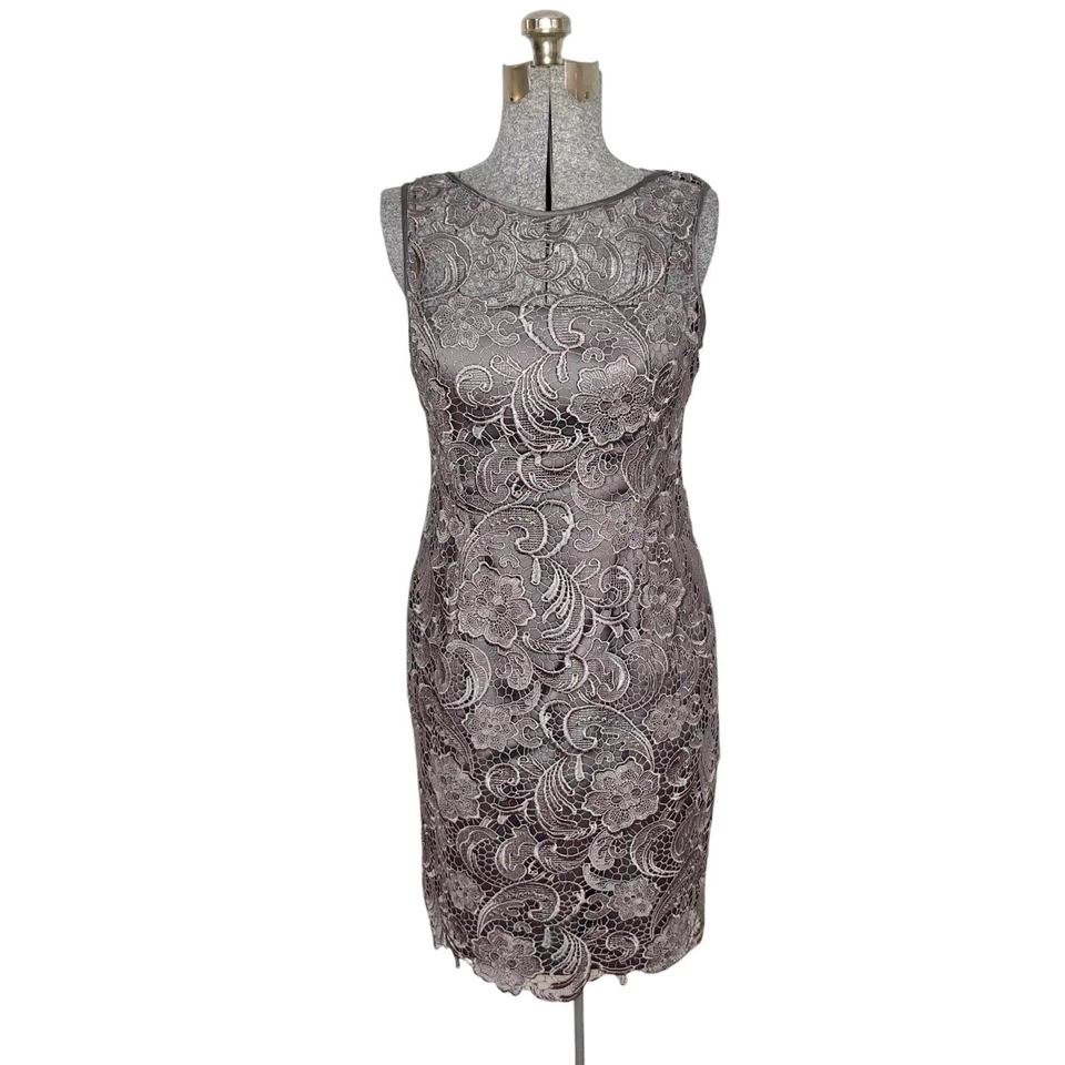 Adrianna Papell Gray Illusion Lace Overlay Boat Neck Sheath Dress Size 10 - Image 1 of 4