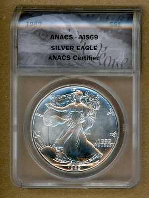 1989 $1 American Silver Eagle ANACS MS69 Silver Dollar .999 Fine Silver 1oz. - Image 1 of 2