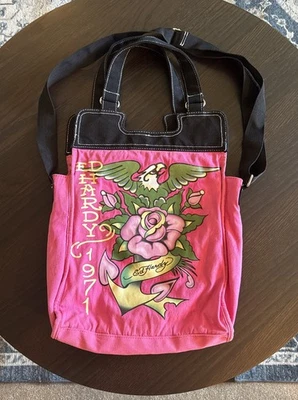Ed Hardy Canvas Purse Hot Pink & Black Crossbody  - Image 1 of 2