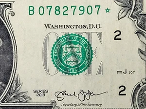 2013 $1 Dollar Star Note Duplicate Serial Number B07827907* FW B Series Error - Picture 1 of 3